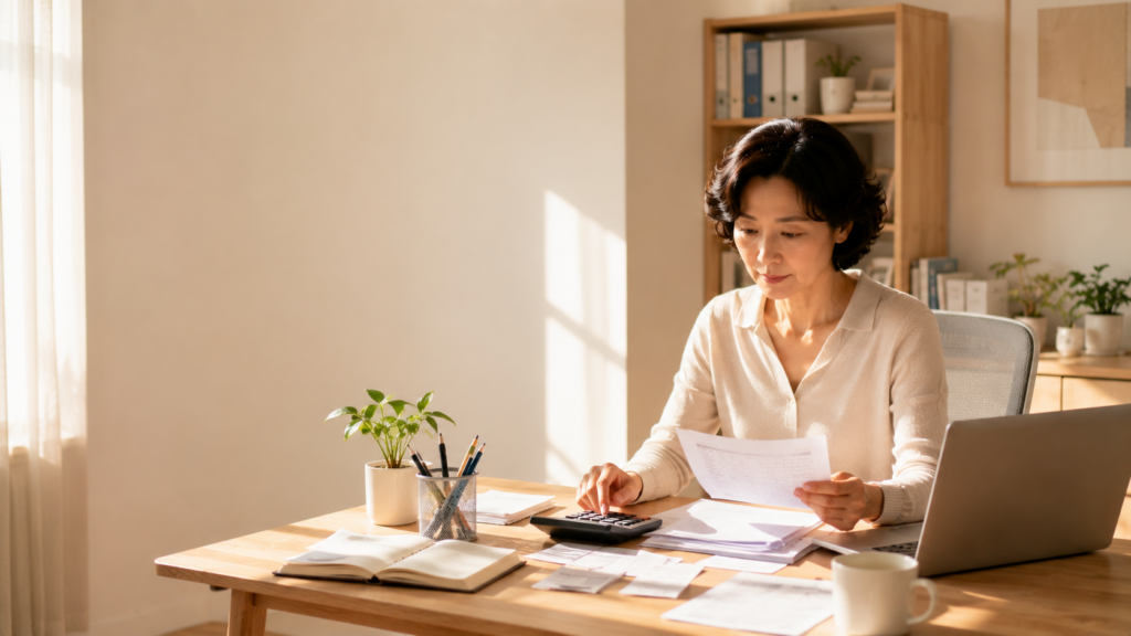 2026년 연말정산 환급금을 늘리기 위해 영수증과 세금 서류를 정리하는 한국 여성