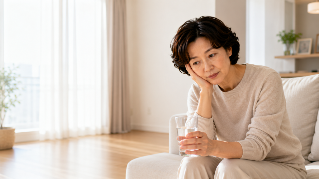 물을 충분히 마셔도 피곤함을 느끼는 중년 여성