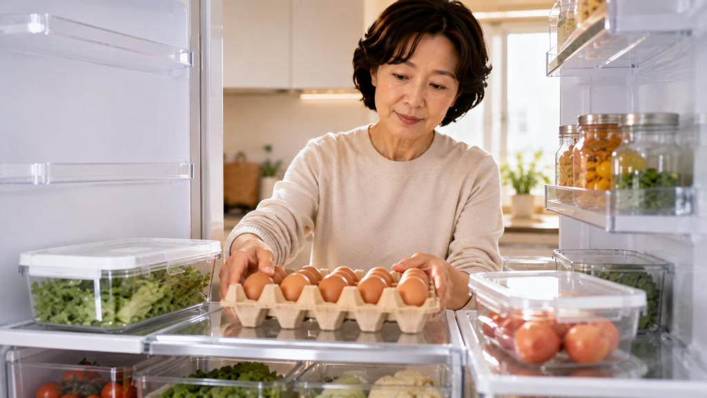 냉장고 안쪽 선반에 계란을 안전하게 보관하는 모습