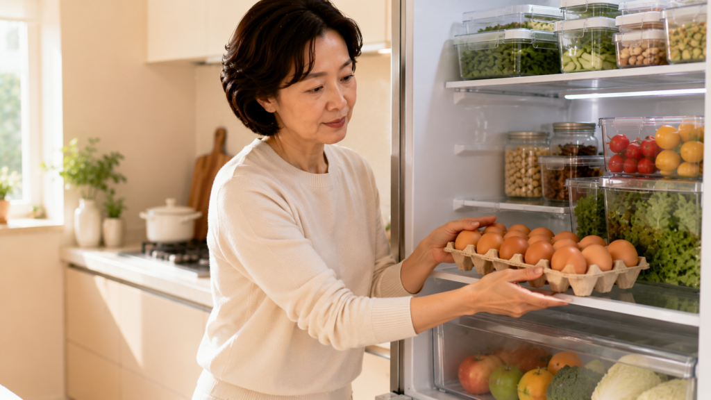 계란을 올바르게 보관하는 냉장고 정리 장면