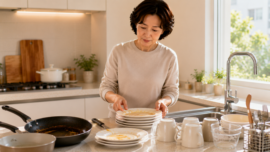 설거지 순서에 따라 식기를 정리하는 한국 주부